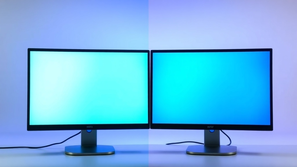 블루라이트 필터가 적용되어 약간 노란빛을 띠는 모니터 화면과 필터가 적용되지 않은 일반 모니터 화면의 색감 차이를 보여주는 비교 이미지